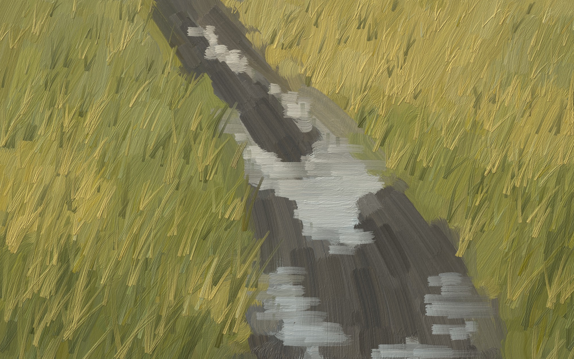 Detail of an oil painting: broken strokes of light on water.