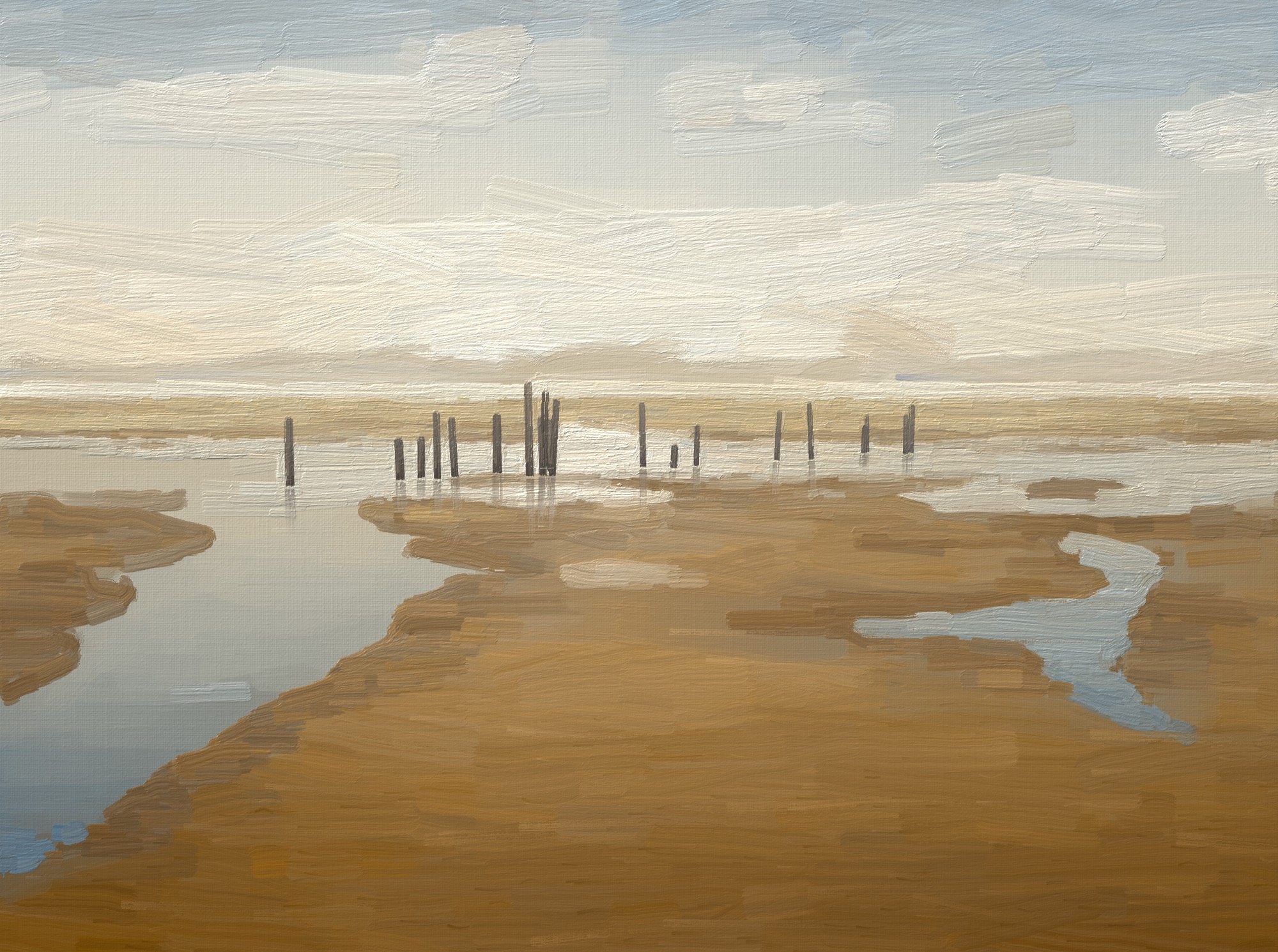 Low Tide, Steveston: wet sand flats in ochre under a pale sky.